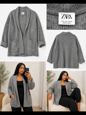 Zara Heather Gray Shawl-Collar Slouchy Cardigan Coat